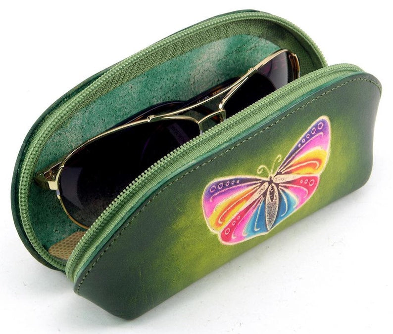 Genuine Handmade Leather Sunglasses Case / Eyeglass Case / Eyeglass Pouch/ Butterfly Design