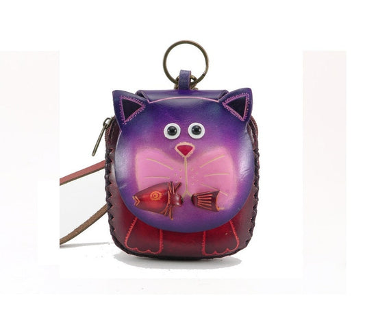 Genuine Leather Cat Wristlet / Cat Coin Purse / Wallet / Purple with Fish