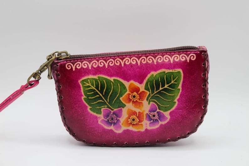 Genuine Handmade Leather Butterfly Wristlet / Coin Purse / Wallet/hibiscus flower