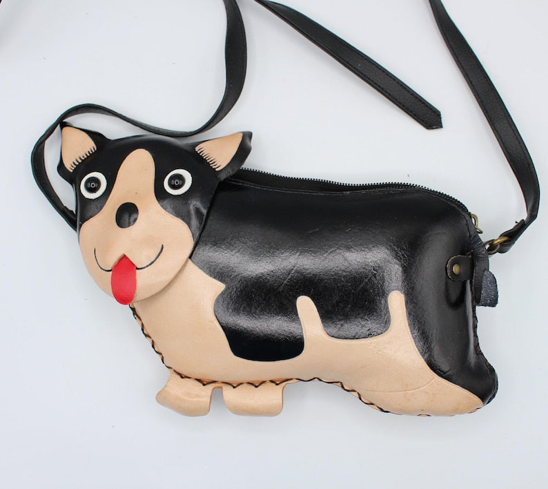 Handmade leather corgi puppy dog purse crossbody handbag