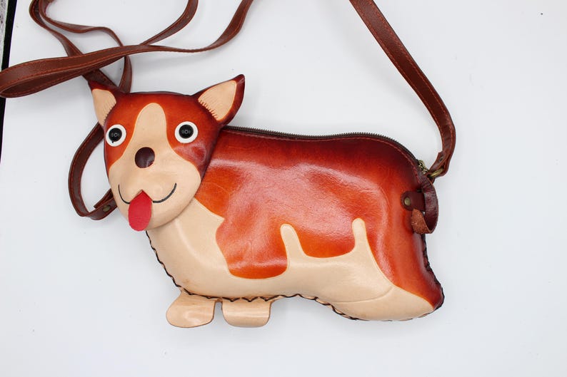 Handmade leather corgi puppy dog purse crossbody handbag