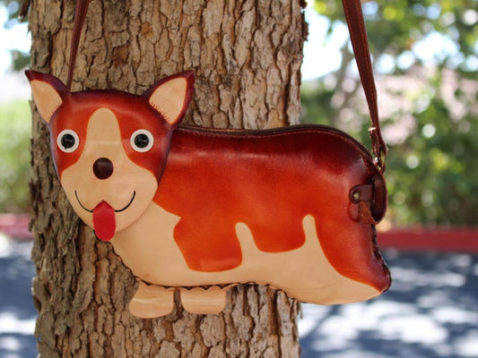 Handmade leather corgi puppy dog purse crossbody handbag