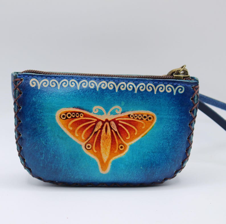 Genuine Handmade Leather Butterfly Wristlet / Coin Purse / Wallet/hibiscus flower