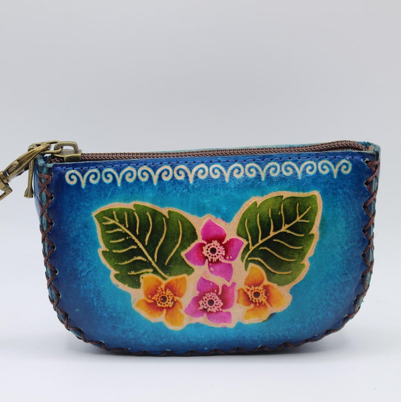 Genuine Handmade Leather Butterfly Wristlet / Coin Purse / Wallet/hibiscus flower