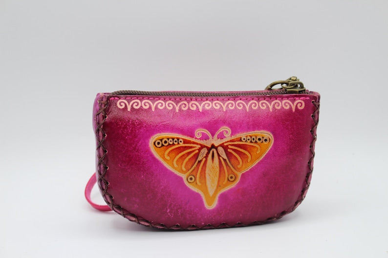 Genuine Handmade Leather Butterfly Wristlet / Coin Purse / Wallet/hibiscus flower