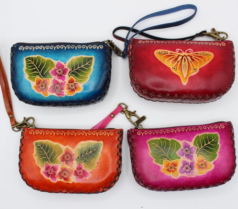 Genuine Handmade Leather Butterfly Wristlet / Coin Purse / Wallet/hibiscus flower