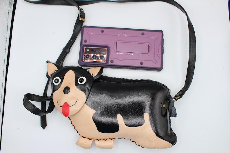 Handmade leather corgi puppy dog purse crossbody handbag