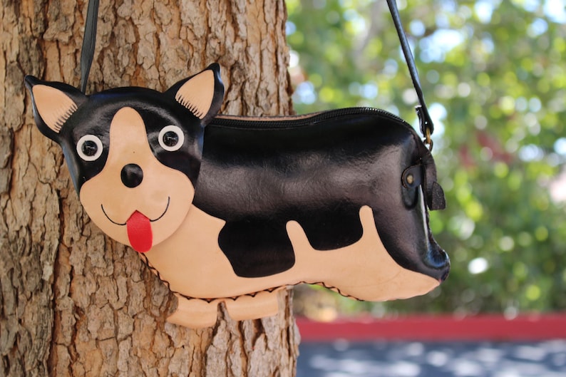 Handmade leather corgi puppy dog purse crossbody handbag