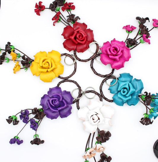 Genuine Handmade Leather Rose Flower Key Chain bag charm purse charm