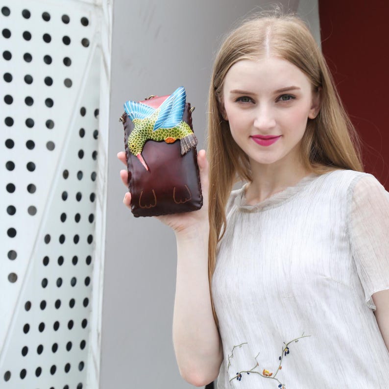 Genuine Handmade Leather Hummingbird Cell Phone Case