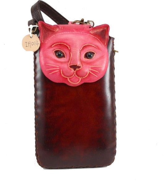 Cross - body Handmade Genuine Leather Phone Case Phone Bag Cross - body Bag Animal - Cartoon Small Bag Mini Small Bag Pink Cat Style