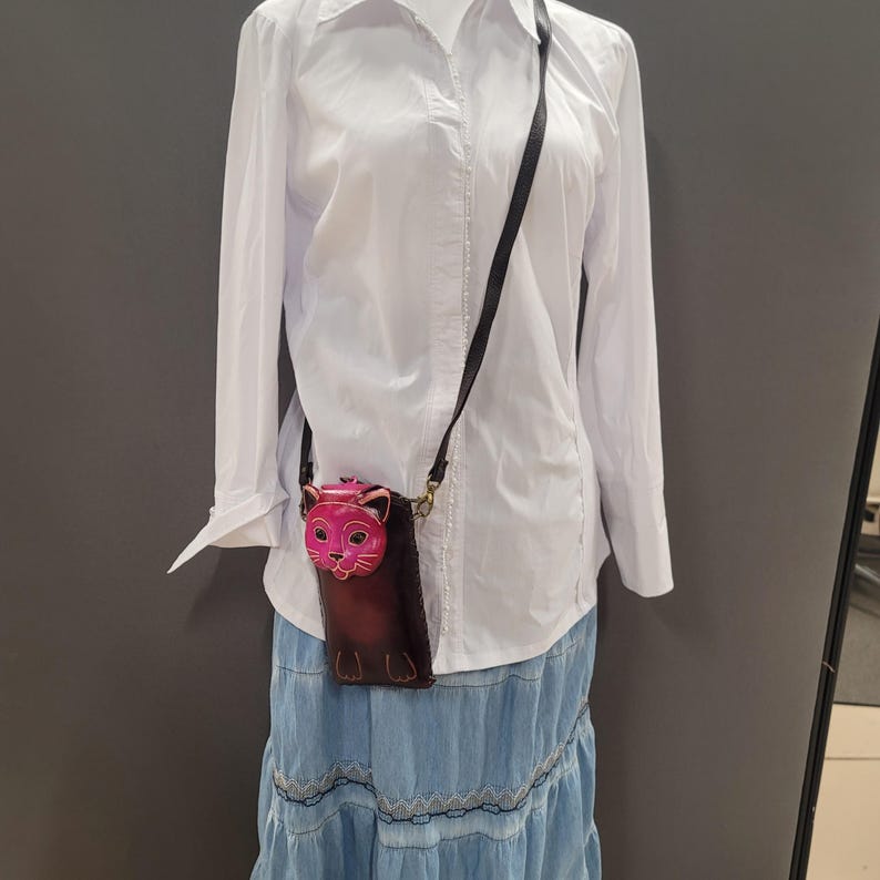 Cross - body Handmade Genuine Leather Phone Case Phone Bag Cross - body Bag Animal - Cartoon Small Bag Mini Small Bag Pink Cat Style