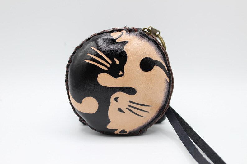 Genuine Handmade Leather Yin Yang Cat Wristlet / Coin Purse / Wallet
