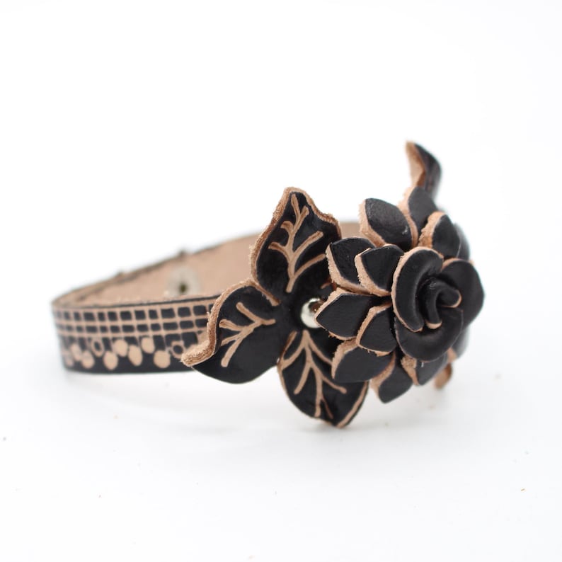 Handmade Genuine Leather Black Flower Bracelet, Floral Jewelry, Leather Bracelet, Christmas Bracelet