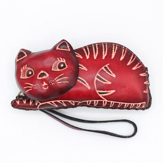 Genuine Handmade Leather Cat Coin Purse / Wallet
