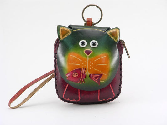 Genuine Handmade Leather Cat with Fish Wristlet / Coin Purse / Wallet /holiday gift, Christmas present, small gift, or cartoon coin purse