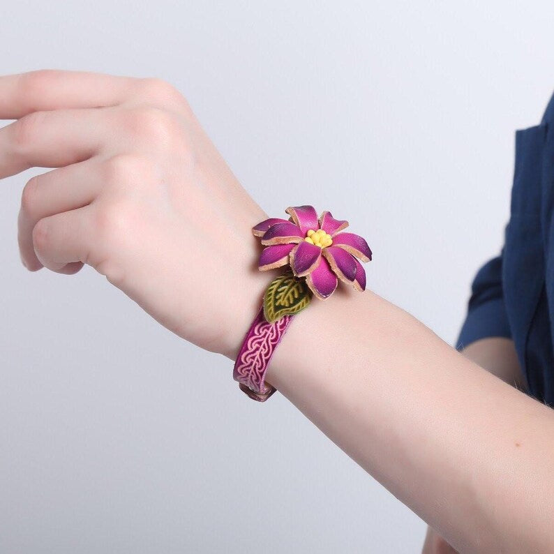 Genuine Handmade Leather Boho Flower Bracelet