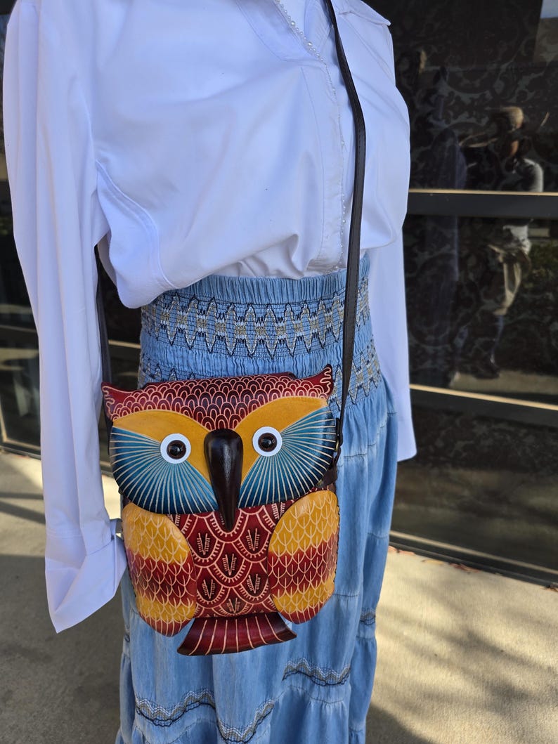 Genuine Handmade Leather Owl Cross-body Purse