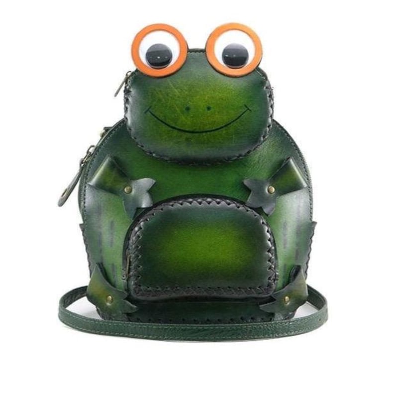 Genuine Leather Handmade Frog Backpack / Purse, Double-Shoulder Bag, Original Animal Bag, Cartoon Bag, Mini iPad Bag, Leather Carving Craft