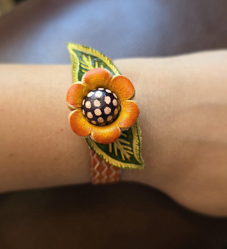 Handmade Genuine Leather Sunflower Bracelet - Original Design Wristband Floral Jewelry Leather Bracelet Christmas Bracelet