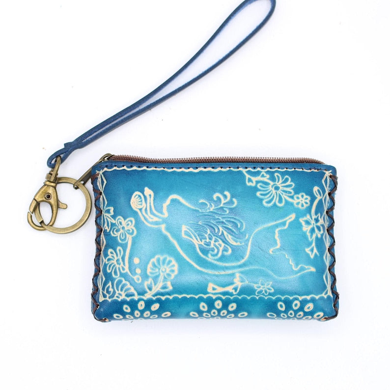 Genuine Handmade Leather Mermaid Rectangle Coin Purse / Wallet / Wristlet