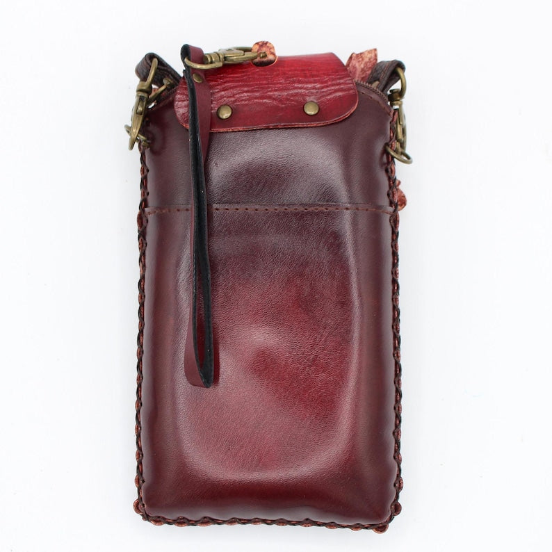 Genuine Handmade Leather Green Treeman Cell Phone Case / Cross Body Purse