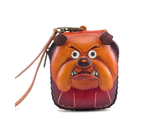 Leather Wristlet / Dog Wristlet / Bulldog Purse / Coin Purse / Change Purse / Brown Bull Dog / Angry Dog Wristlet