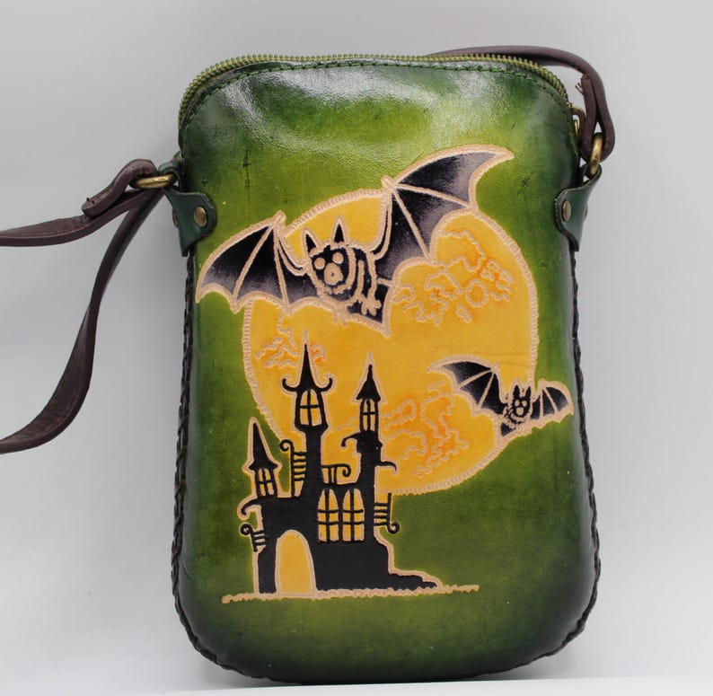 Handmade Genuine Leather Cross-body Purse / Bat Castle/ phone bag/ mini small satchel/Cross-body bag