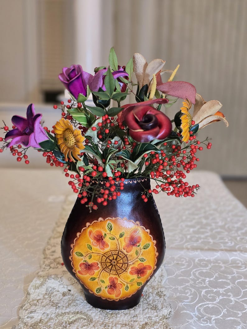 Genuine Handmade Leather Unopened Rose - Valentine's Day Gift, Holiday Gift, Hand-Painted Colored Flower