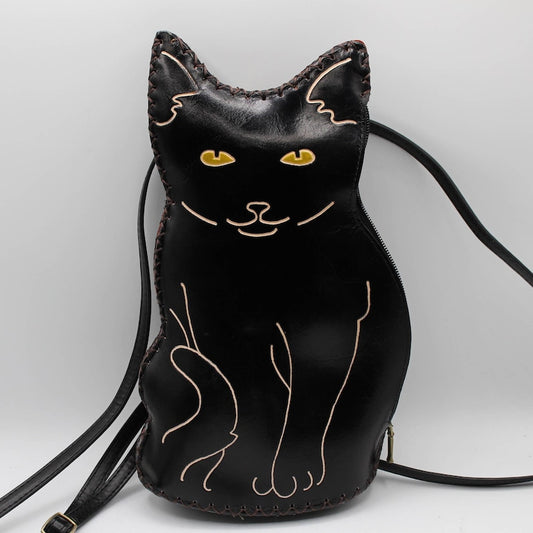 Genuine Handmade Leather Black Cat Backpack / Cross-body Purse