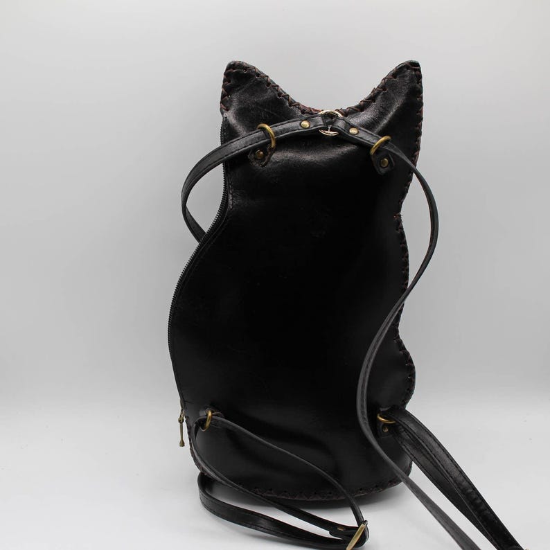 Genuine Handmade Leather Black Cat Backpack / Cross-body Purse