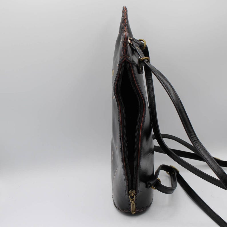 Genuine Handmade Leather Black Cat Backpack / Cross-body Purse