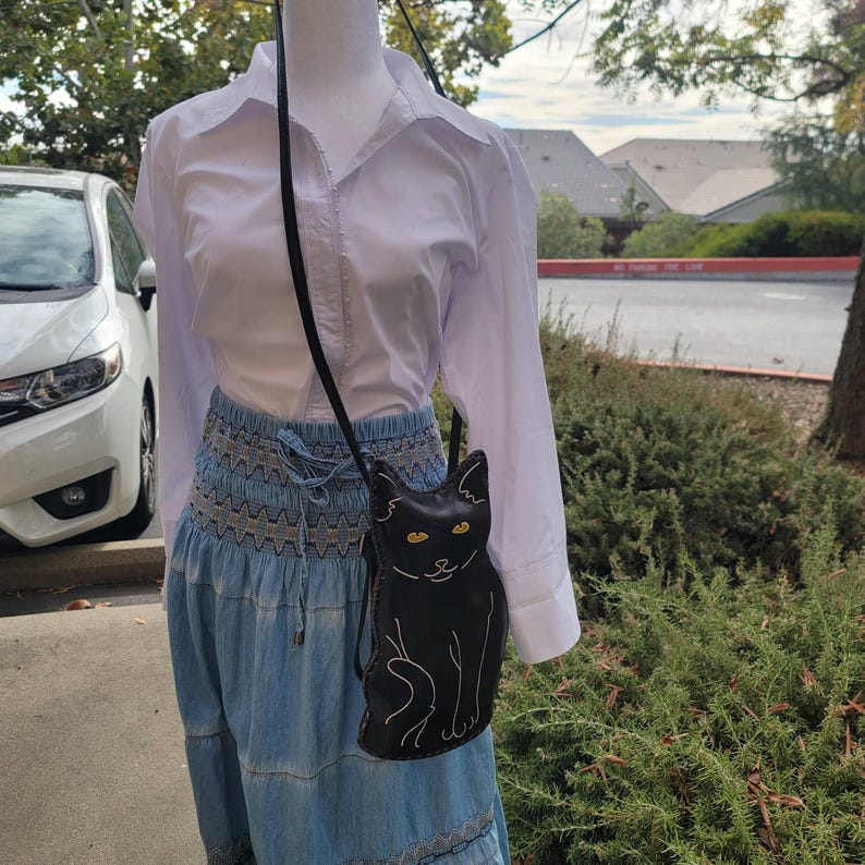 Genuine Handmade Leather Black Cat Backpack / Cross-body Purse