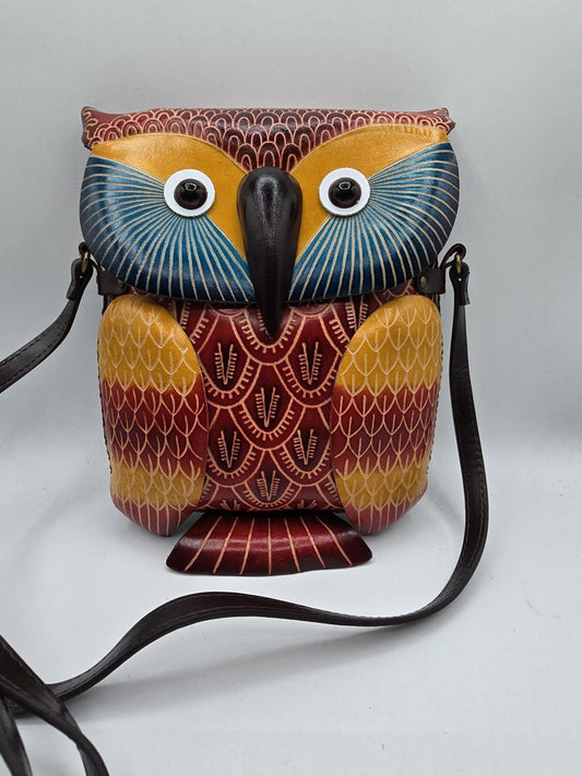 Genuine Handmade Leather Owl Cross-body Purse