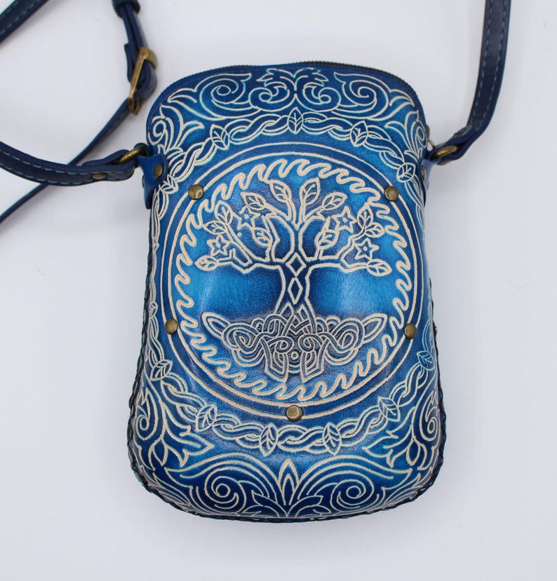 Handmade genuine leather tree of life purse / crossbody bag / shoulder bag / phone pouch / phone bag / mini bag available in multiple colors