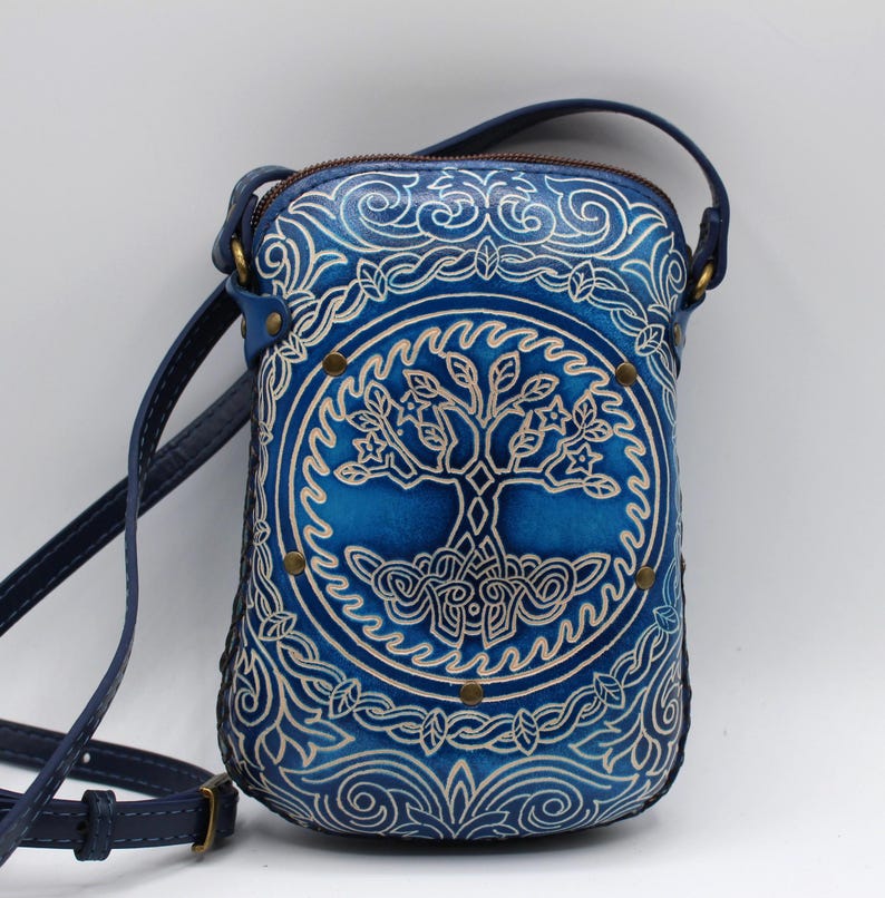 Handmade genuine leather tree of life purse / crossbody bag / shoulder bag / phone pouch / phone bag / mini bag available in multiple colors