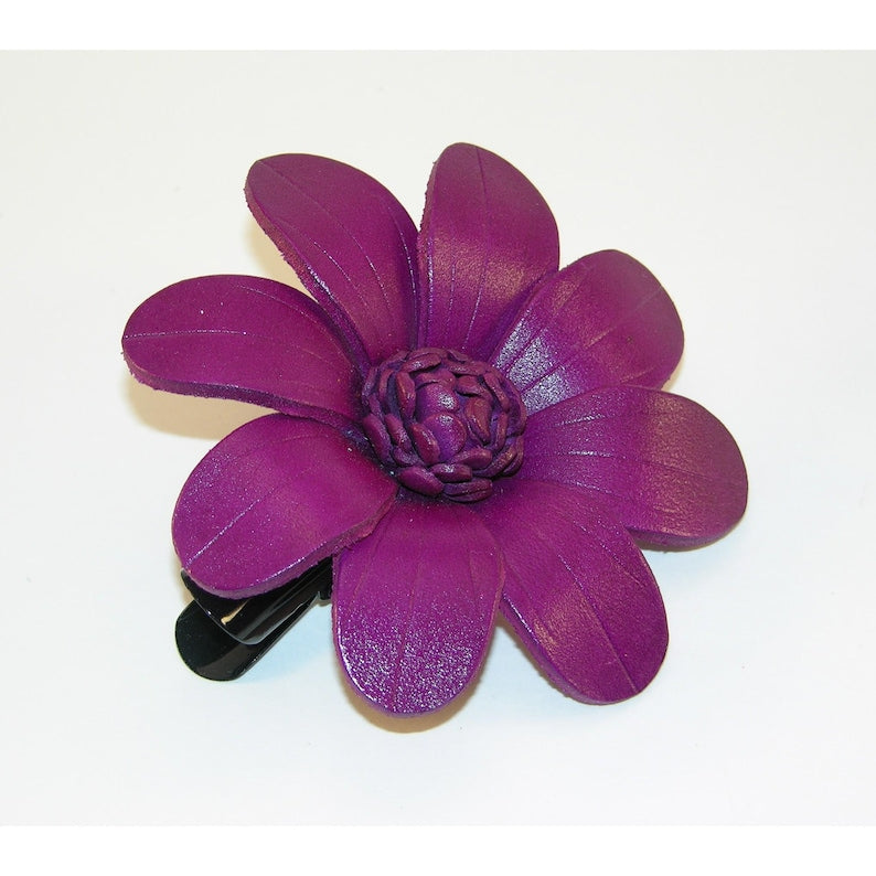 Genuine Handmade Leather Flower Hair Clips, Brooches, Hat Ties, Crocheted Bags - Original Design (Multiple Colors Available)