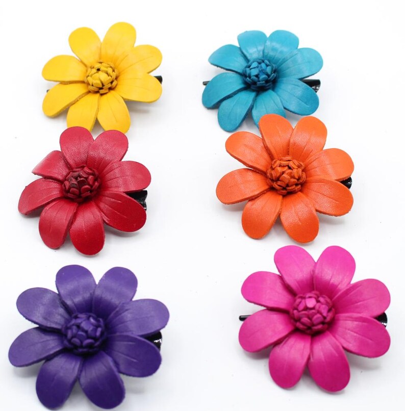 Genuine Handmade Leather Flower Hair Clips, Brooches, Hat Ties, Crocheted Bags - Original Design (Multiple Colors Available)