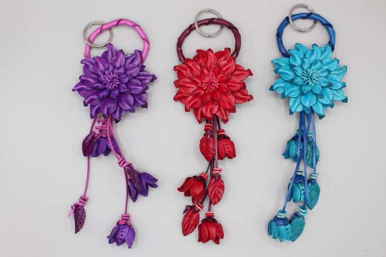 Genuine Handmade Leather Flower Keychain purse charm bag charm