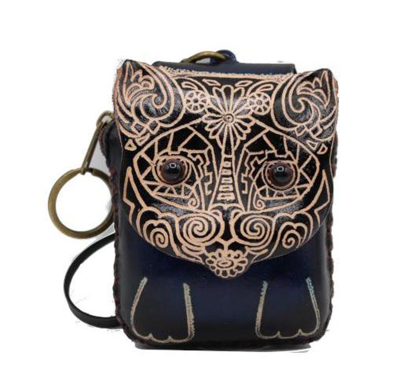 Handmade Genuine Leather Sugar Skull Cat Coin Purse / Wristlet / Wallet / Bag Charm / Christmas Gift / Holiday Gift