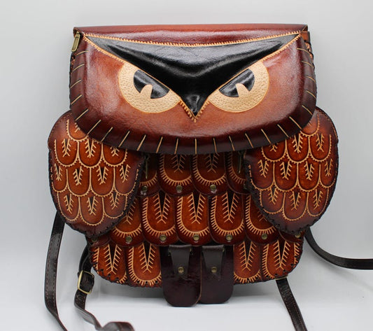 Genuine Handmade Leather Large Owl purse backpack crossbody multi use