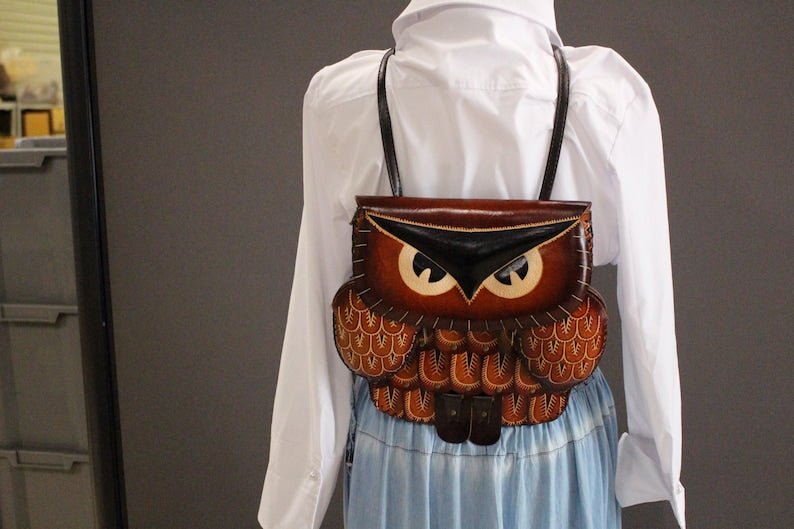 Genuine Handmade Leather Large Owl purse backpack crossbody multi use