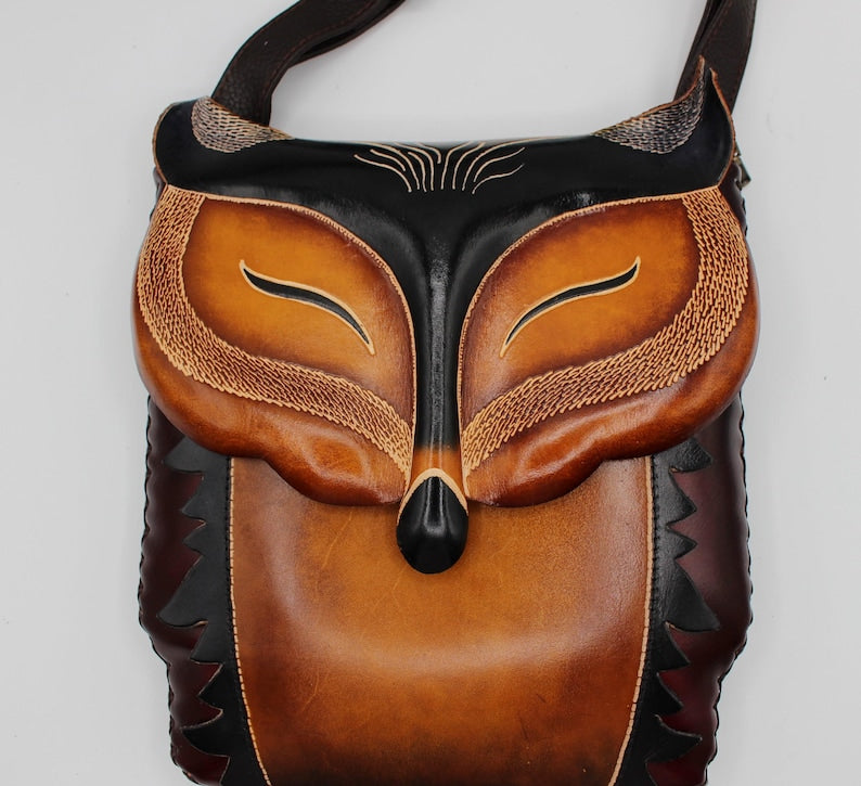 Genuine Handmade Leather Fox Pattern Crossbody Bag, Original Design Shoulder Bag, Cute Cartoon Bag, Animal-themed Bag, Phone Bag