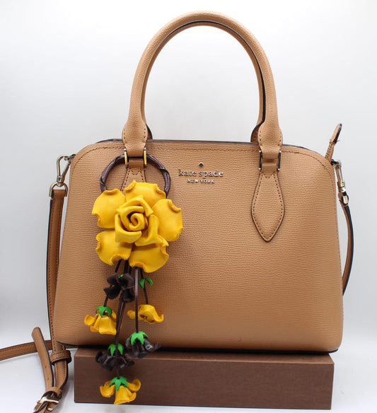 Genuine Handmade Leather Rose Flower Key Chain handbag charm yellow purse charm