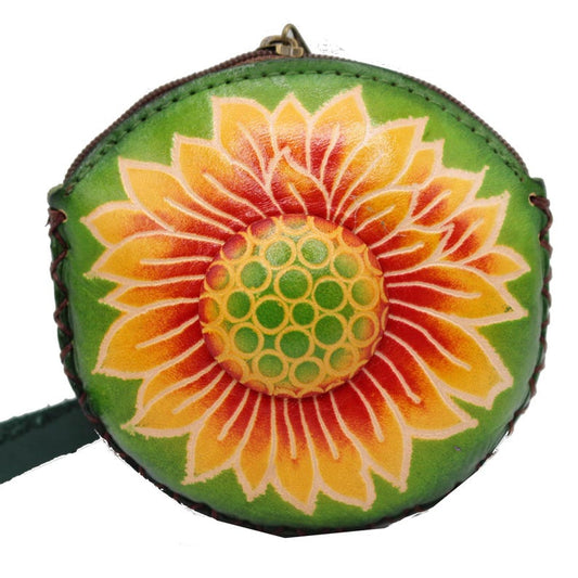 Genuine Handmade Leather Sunflower Wristlet / Coin Purse / Wallet