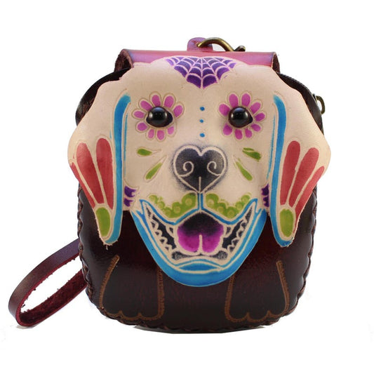 Genuine Handmade Leather Sugar Skull Dog Wristlet / Coin Purse / Wallet