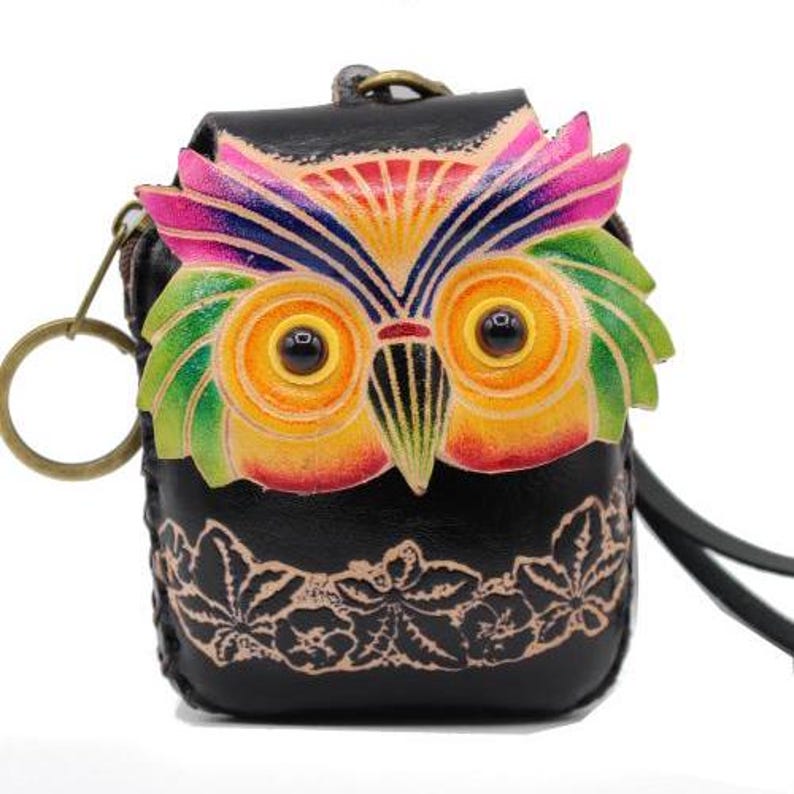Genuine Handmade Leather Colorful Owl Coin Purse / Wristlet / Wallet