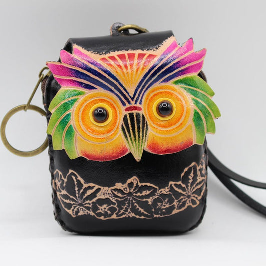 Genuine Handmade Leather Colorful Owl Coin Purse / Wristlet / Wallet