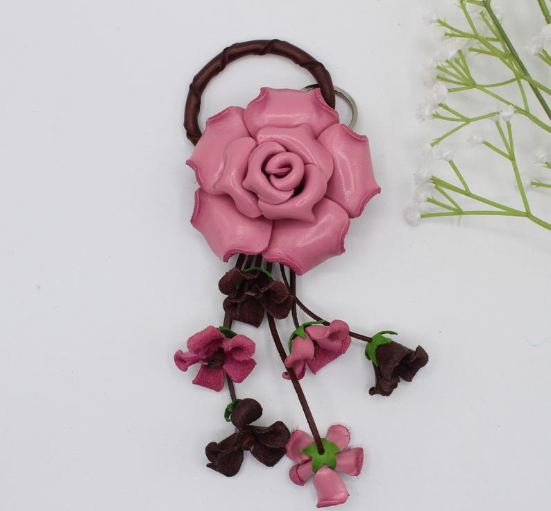 Leather ROSE keychain and purse/ handbag charm /Leather ROSE Flower Keychain bag charm light pink purse charm(Genuine Handmade)
