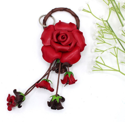 Genuine Leather Handmade Rose Flower Keychain, Handbag Charm, Red Purse Charm, Original Hand-Painted Craft Automobile Accessory